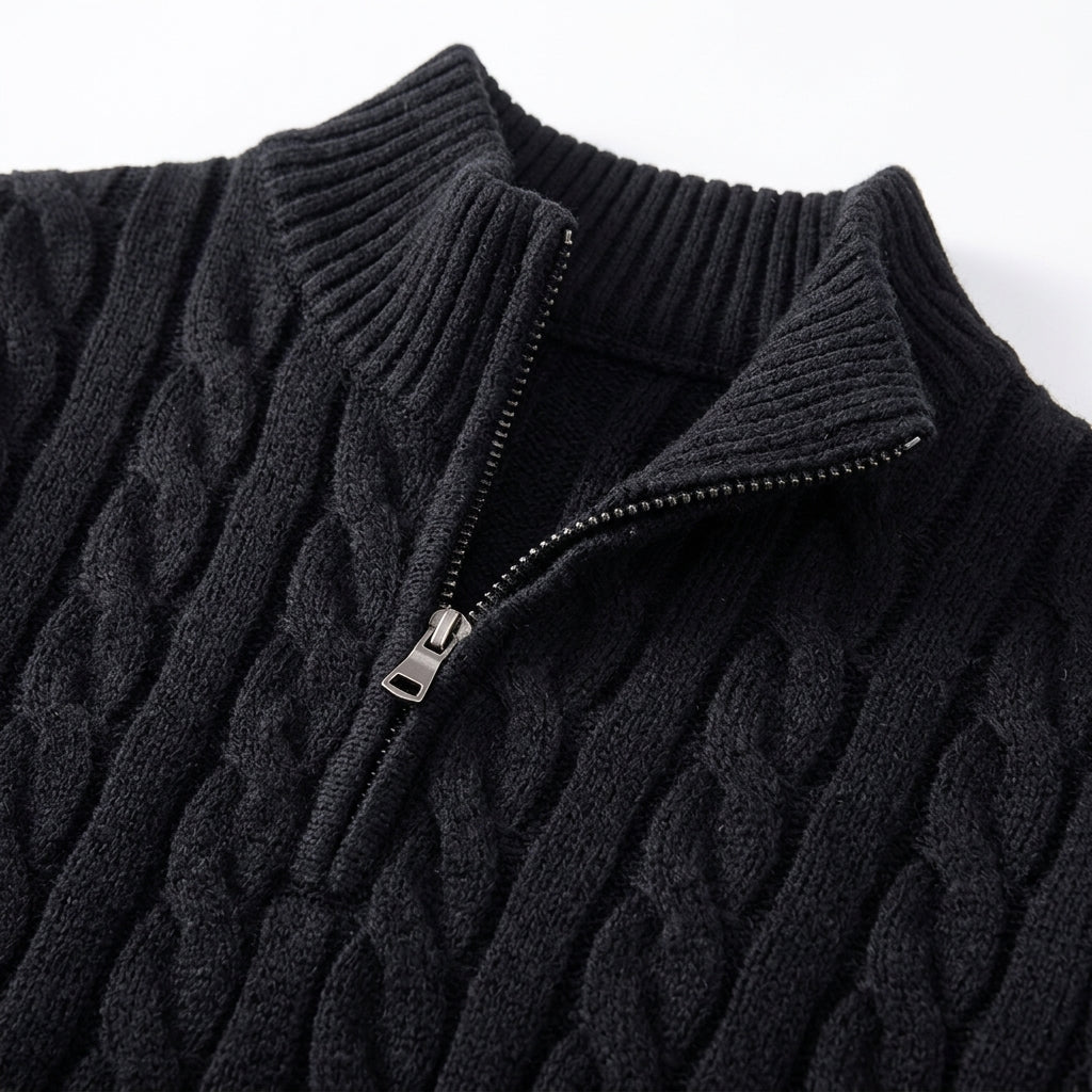 Suéter "Aran" – Punto Trenzado Cuello Alto, Cremallera Media