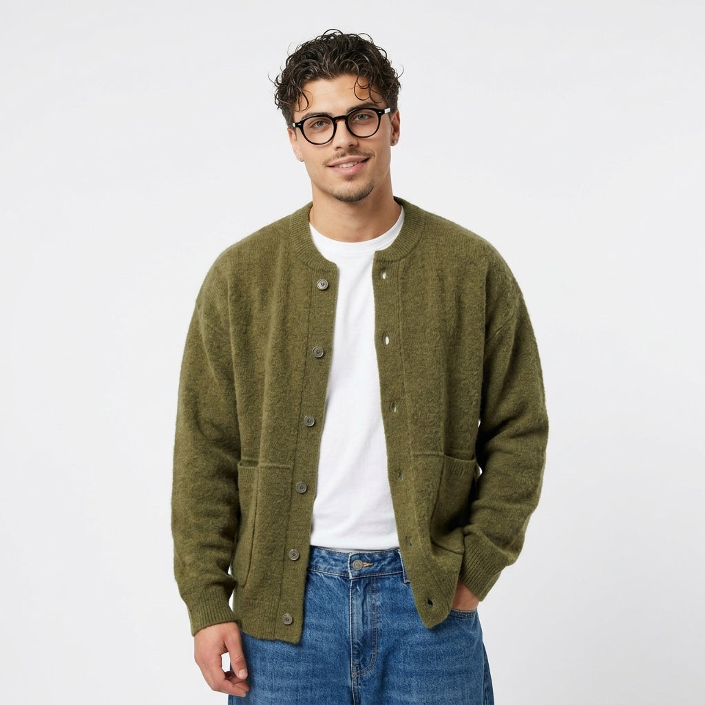 Preppy-style chunky knit cardigan