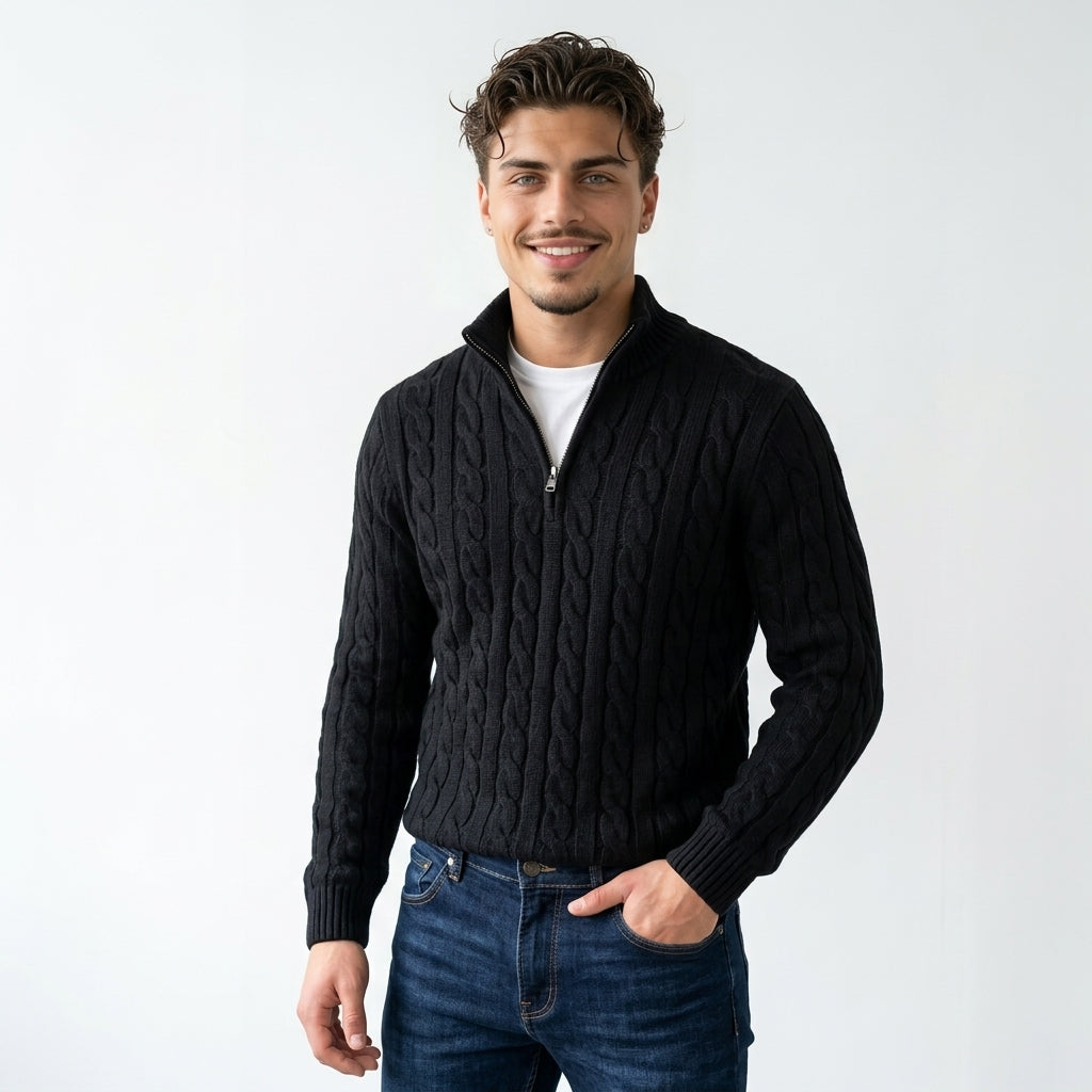 Suéter "Aran" – Punto Trenzado Cuello Alto, Cremallera Media