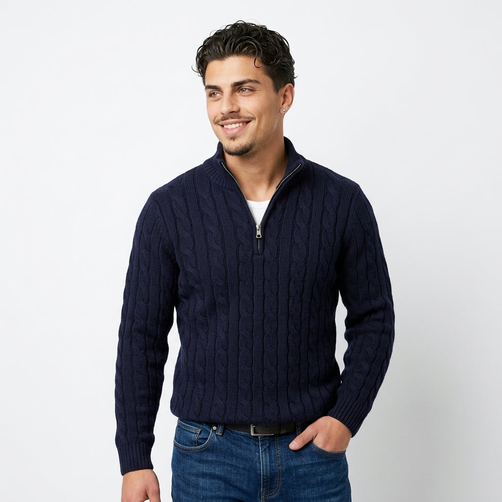 Suéter "Aran" – Punto Trenzado Cuello Alto, Cremallera Media