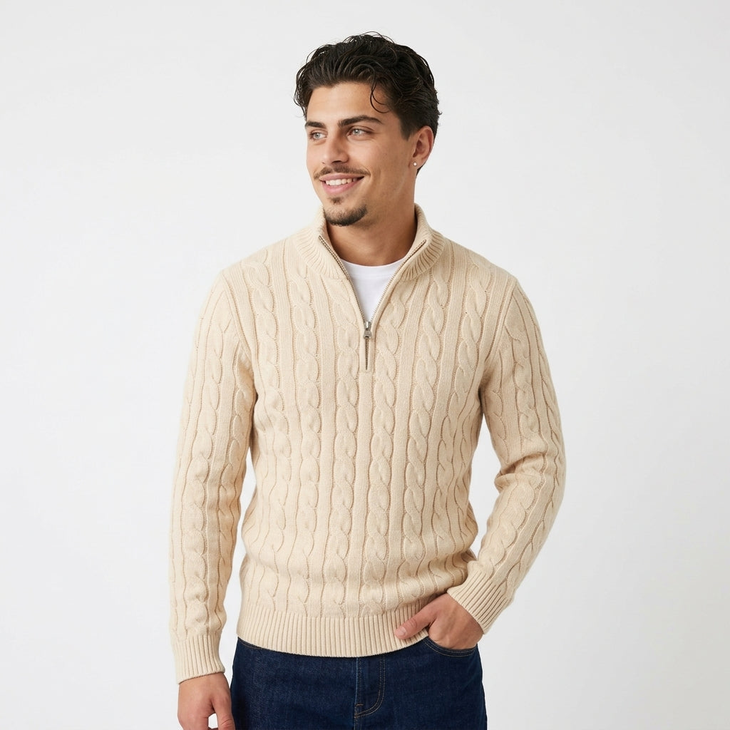 Suéter "Aran" – Punto Trenzado Cuello Alto, Cremallera Media