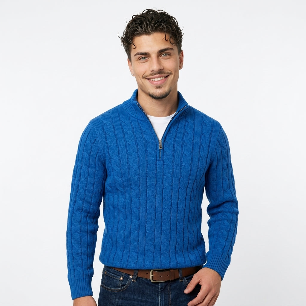 Suéter "Aran" – Punto Trenzado Cuello Alto, Cremallera Media