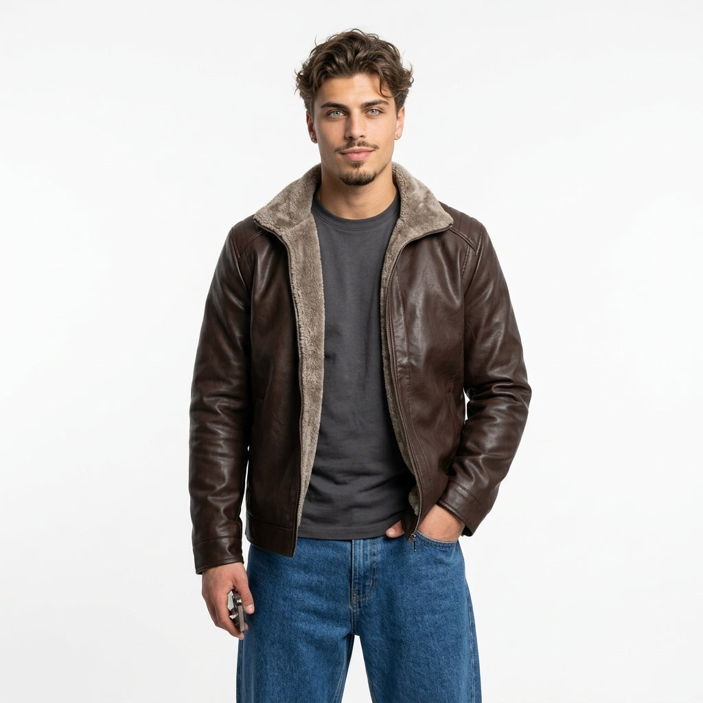Chaqueta Motera Cuero Sintético Forro Polar