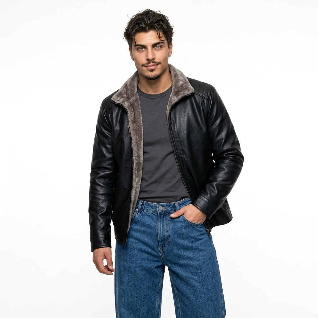 Chaqueta Motera Cuero Sintético Forro Polar