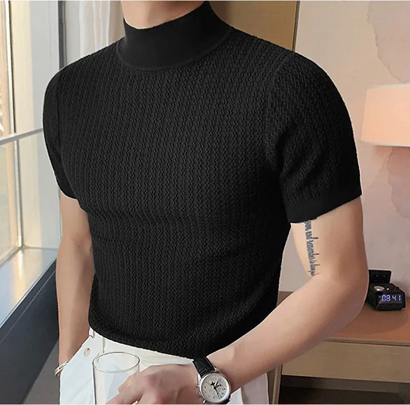 Camiseta Cuello Alto Hombre – Punto Textura Ondas, Manga Corta