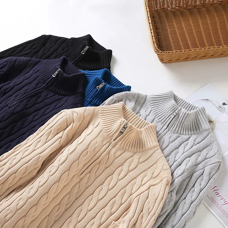 Suéter "Aran" – Punto Trenzado Cuello Alto, Cremallera Media