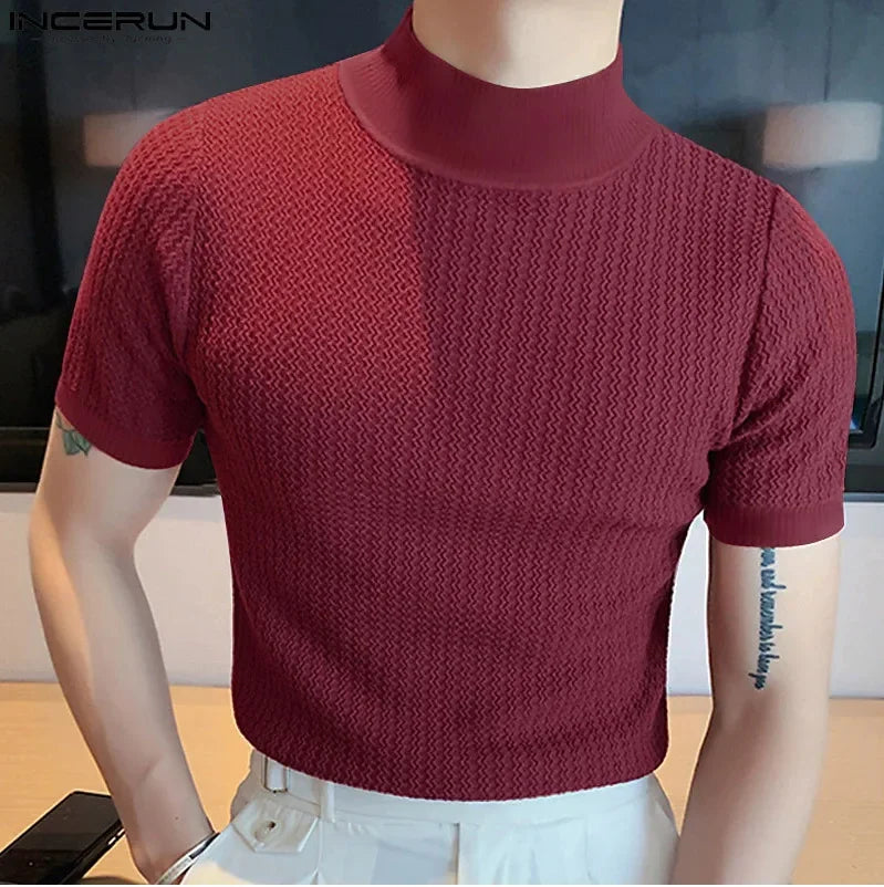 Camiseta Cuello Alto Hombre – Punto Textura Ondas, Manga Corta