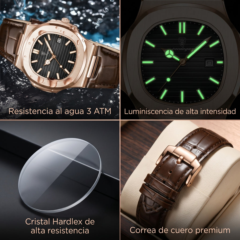 Reloj Cuadrado Acero Correa Cuero Hombre